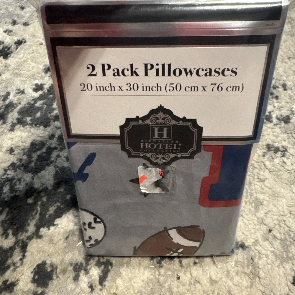 Signature Hotel Pair Standard Size Sports Theme Gray Pillowcases 20' by 30' New
